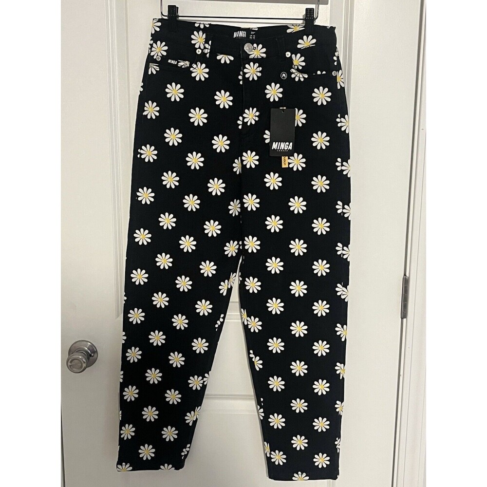 NWT Minga London Black Daisy Floral Print Denim High Waisted Denim Jeans Size 6